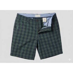 Merona Mens Plaid Shorts 46 Green Blue Flat Front Chino Classic Preppy Casual